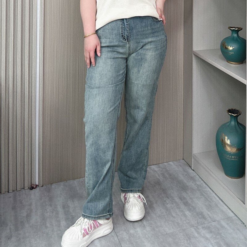 Celana jins kaki lurus wanita, celana jins panjang penuh kasual pinggang tinggi bordir gaya China ukuran besar baru 2024