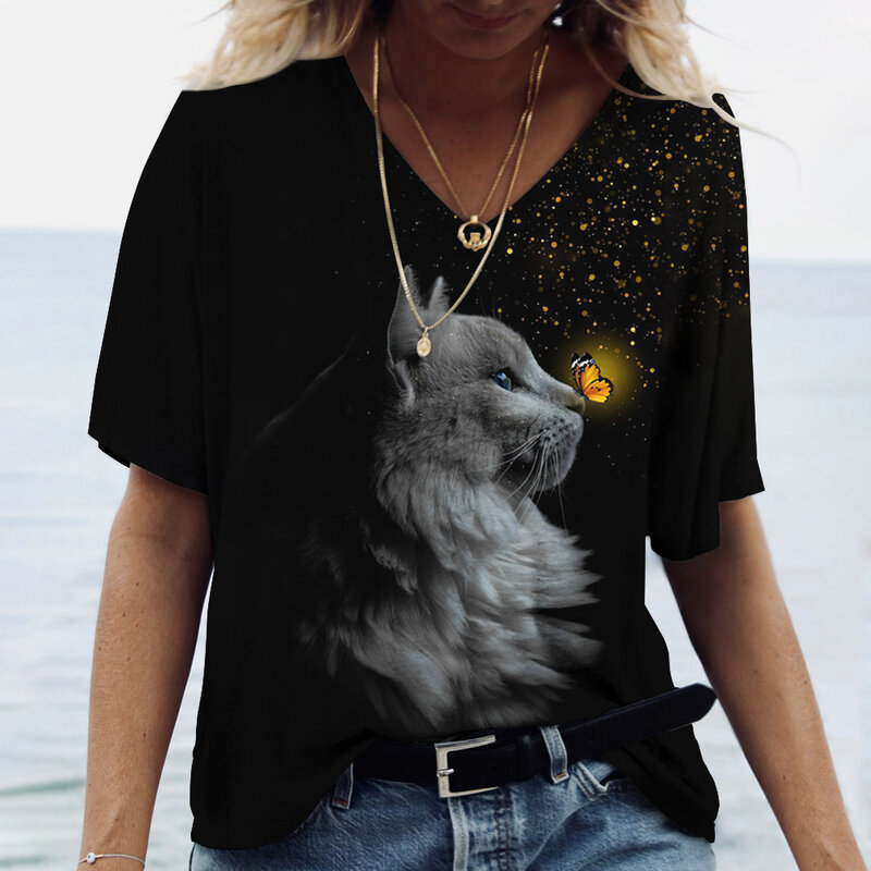 女性用半袖VネックTシャツ,かわいい子猫のプリントが施された3D原宿服,女の子向けのルーズでカジュアルな服,ファッショナブル,夏