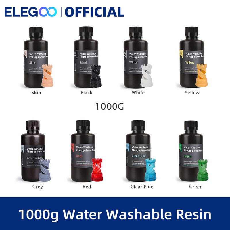 ELEGOO-Resina de impressora 3D lavável a água, Fotopolímero padrão, Impressão LCD 3D, V2.0, LCD de cura UV, 405nm, 1000g