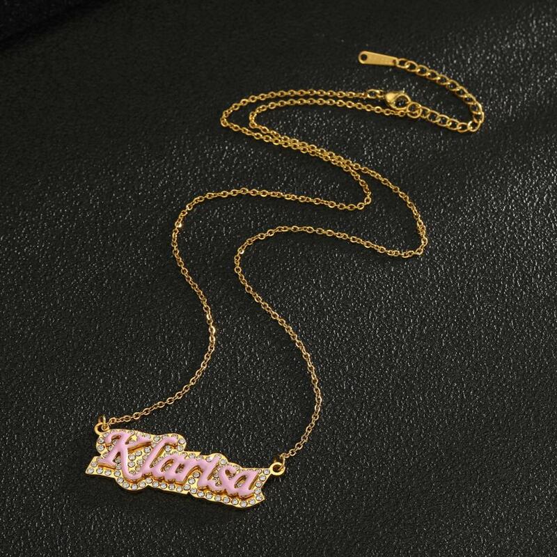 Uwin Name Necklace Stainless Steel Rhinestone Enamel Pendant Personalized Custom Color Pink White Bule Chain Gift