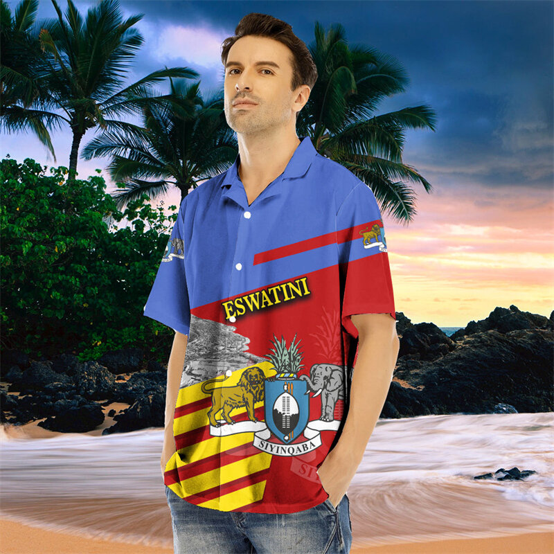 Afrika Eswatini Karte Flagge 3D-Druck Hemden für Männer Kleidung National Emblem Strand hemden patriotische Swasiland Blusen T-Shirts