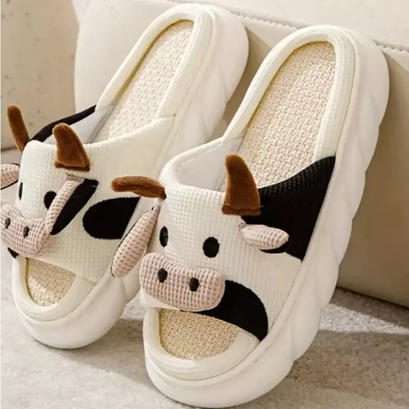 Sandalias universales de lino y algodón para el hogar, zapatillas antideslizantes de dibujos animados de vaca, cuatro estaciones