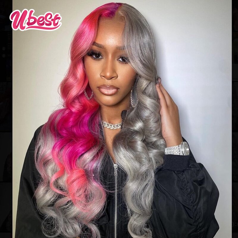13x6 Pink Splice Silver Body Wave Lace Front Human Hair Wig 180% Brazilian Body Wave 13x4 Transparen Lace Frontal Wig For Women