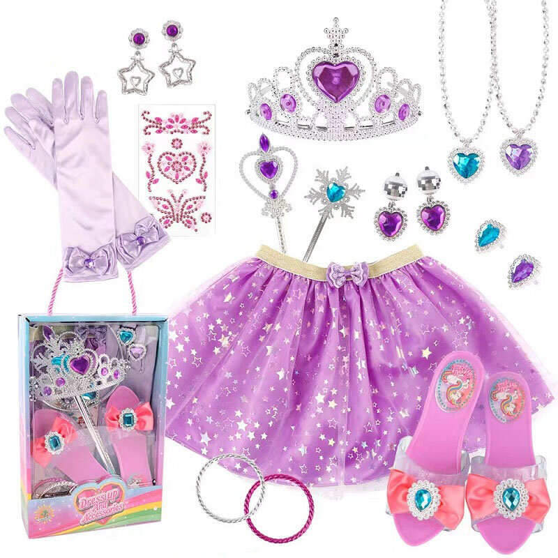 Mainan Anak Perempuan Aksesoris Rumah Berdandan Tongkat Sihir Putri Mahkota Kristal Sepatu Gelang Cincin Tas Mahkota Liontin Merah Muda Set Sarung Tangan Hadiah