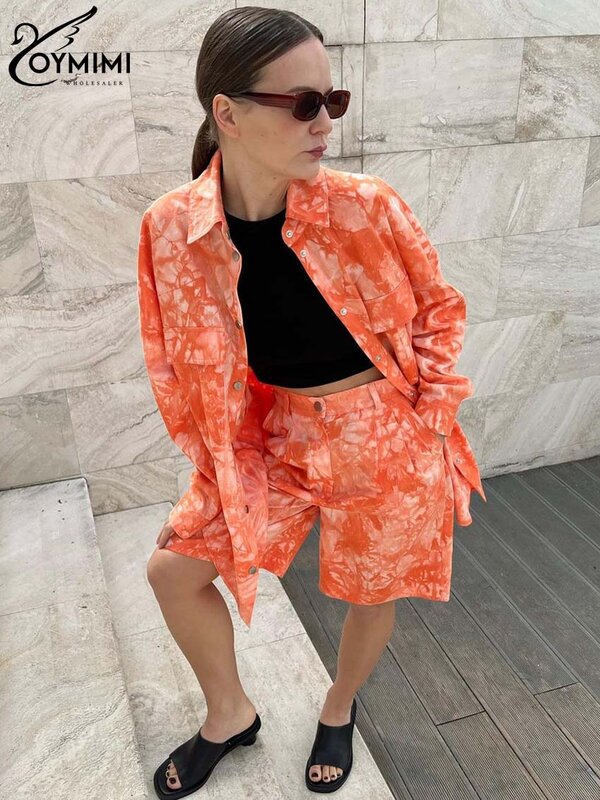 Oymimi 여성용 우아한 긴 소매 단추 포켓 셔츠 및 하이 웨이스트 반바지 세트, 오렌지 루즈 세트, 2 피스 패션