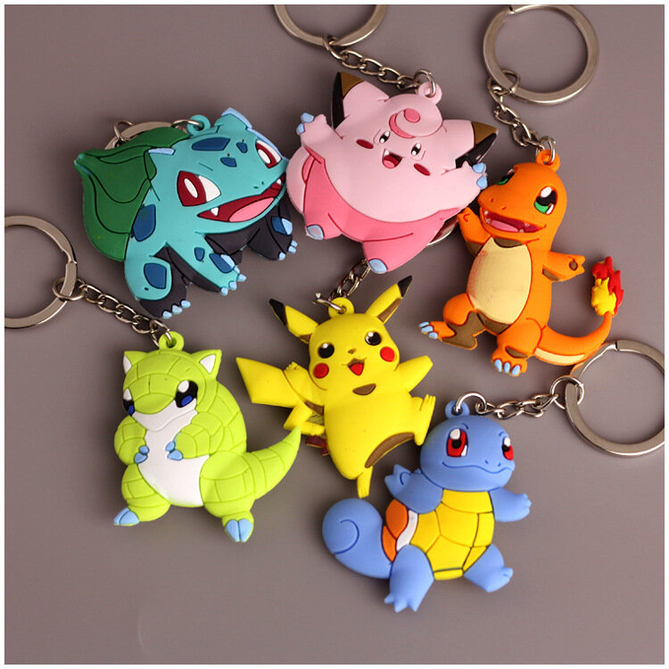 Pokémon Anime Action Figure Keychain, Acessórios Pikachu, Charmander, Psyduck, Squirtle, Pingente de Silicone, Chaveiro, Presente de Aniversário Infantil
