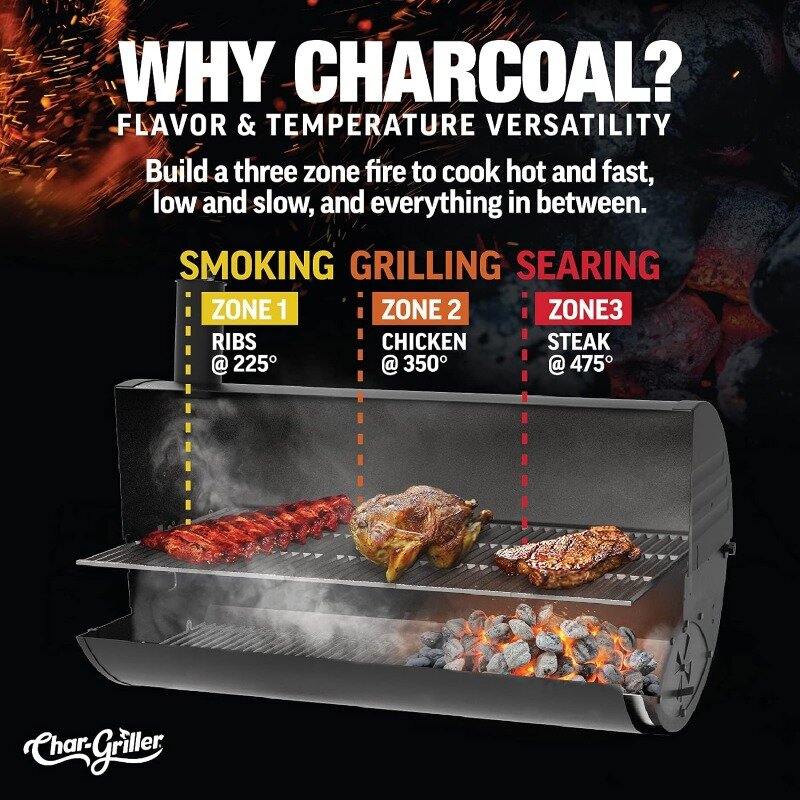 Char-Griller®Parrilla y ahumador de carbón Outlaw con rejillas de hierro fundido, estante de calentamiento