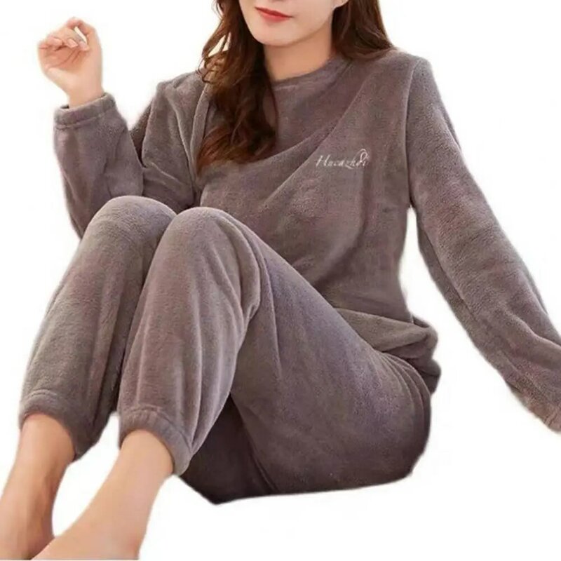 Conjunto de pijama de pelúcia feminino, mangas compridas, pijamas de inverno, 2 peças