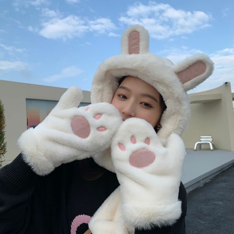Hat Women's Winter Ear Protection Hat Plush Thickened Hat Neck Three Piece Glove Set One Piece Hooded Rabbit Ears Cute