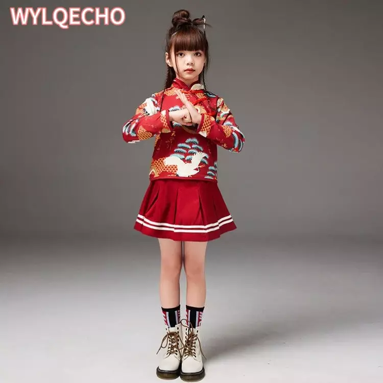 Rote chinesische Art bedruckte Kleidung Set alte Tang Kostüm Bühne Kleidung Mädchen Hanfu Rock Stil chinesische Neujahr Outfit