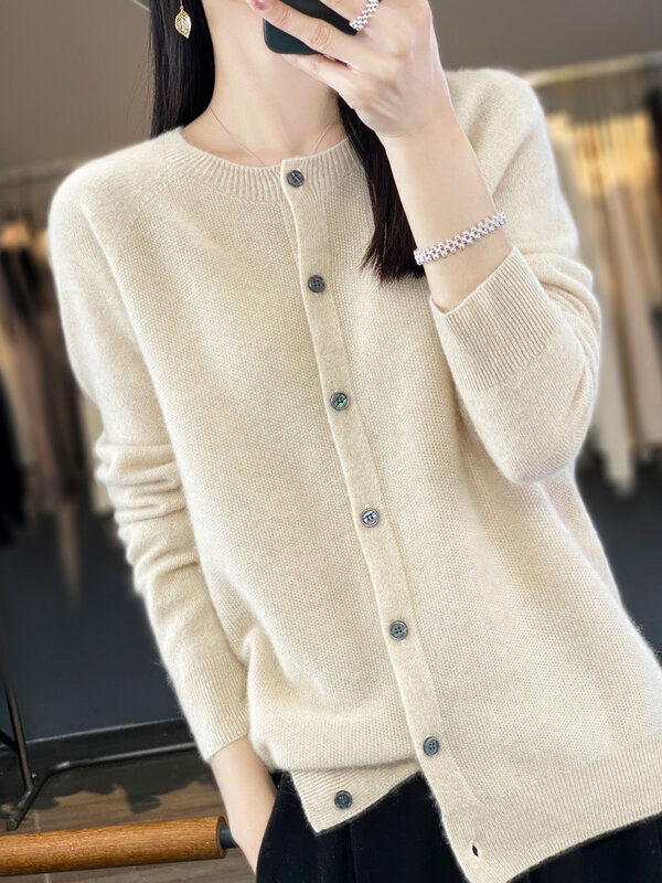 Cardigã de cashmere manga comprida para mulheres, suéteres 100% lã merino malhas com o pescoço, tops básicos, roupas da moda, primavera e outono