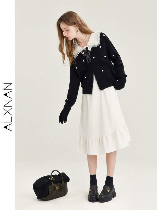 ALXNAN gaun Midi sweter mewah, setelan dua potong gaya Perancis baru, gaun kerah kasual wanita, kardigan rajut T01009 2024