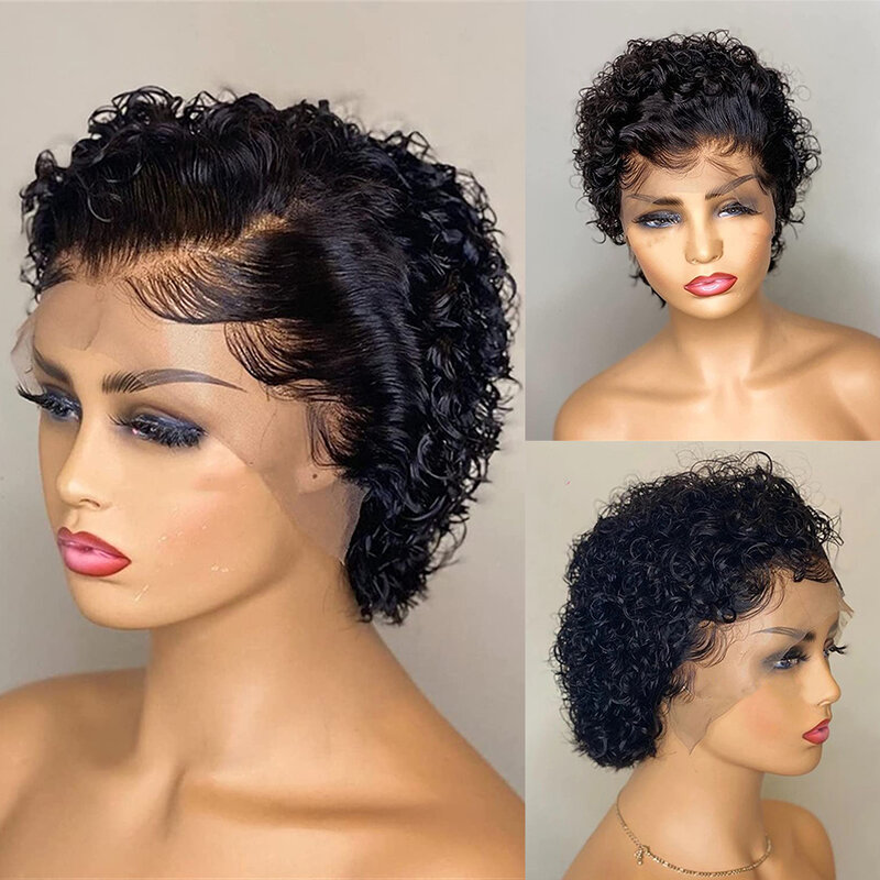 OYM-Peluca de cabello humano con encaje Frontal para mujer, postizo corto y rizado con corte Pixie, predesplumada, densidad de 180%, color negro, 13x4