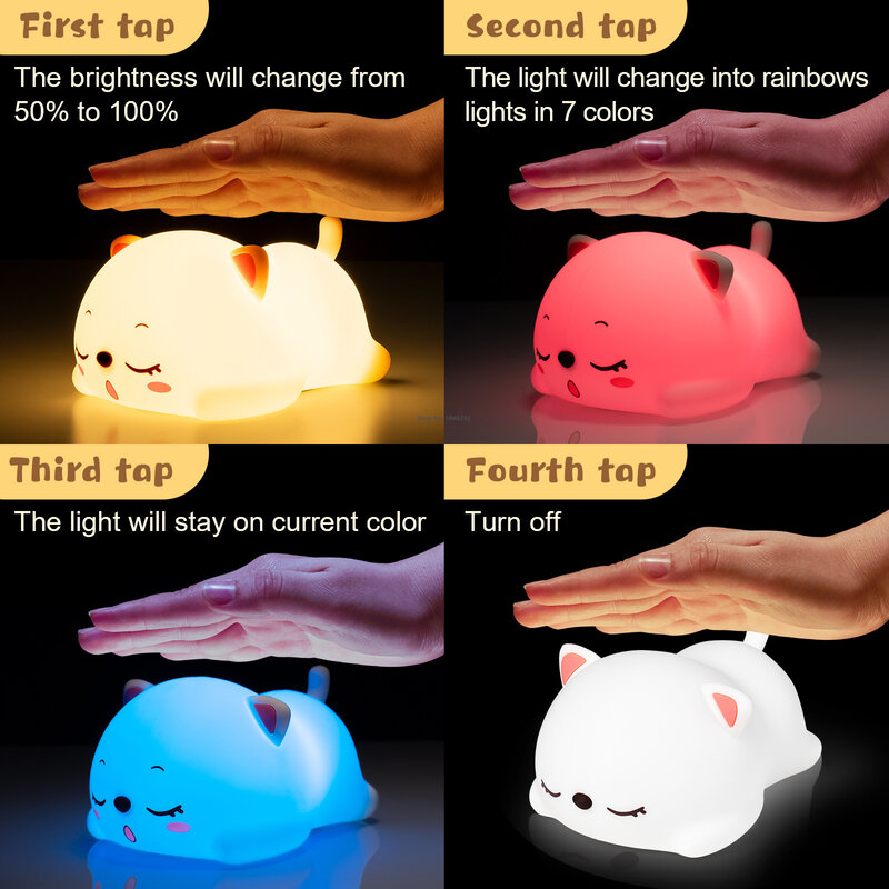 Cat Led Nachtlampje Touch Sensor Afstandsbediening Kleurrijke Siliconen Usb Oplaadbare Slaapkamer Bedlampje Voor Kinderen Baby Cadeau