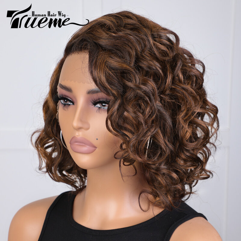 Женский короткий парик из натуральных волос Trueme, волнистые кудрявые волосы, бразильский парик с коричневыми волнистыми волосами