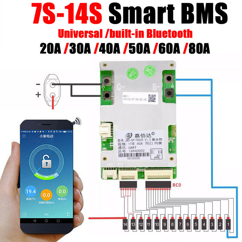 Placa de proteção da bateria de lítio, Bluetooth incorporado, Smart BMS, 7S, 8S, 10S, 13S, 14S, 16S, 17S, 24V, 36V, 48V, 60V, equilíbrio LifePo4 do Li-íon