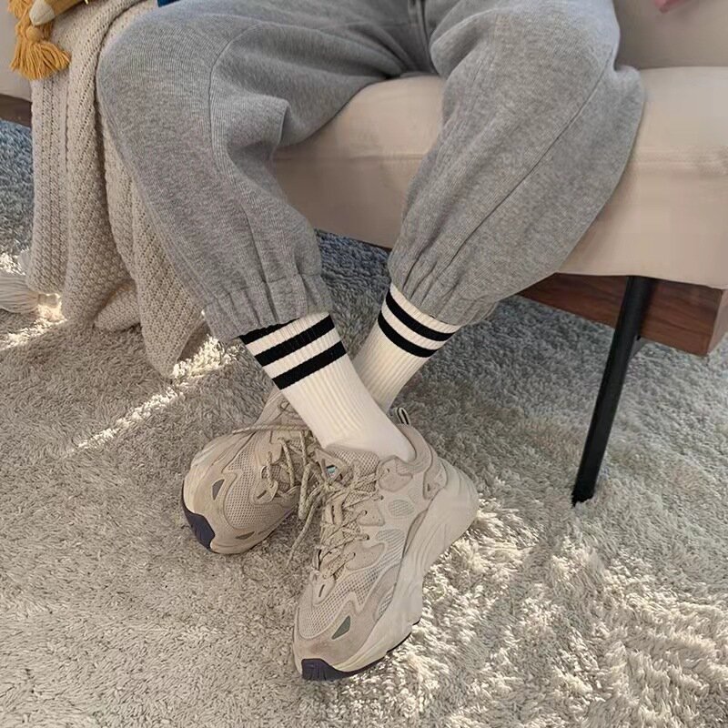 3/6 Pairs Fashion High Quality Cotton Women Mid Tube Sock Striped Solid Color Casual Breathable Hip Hop Skateboard Female Socks