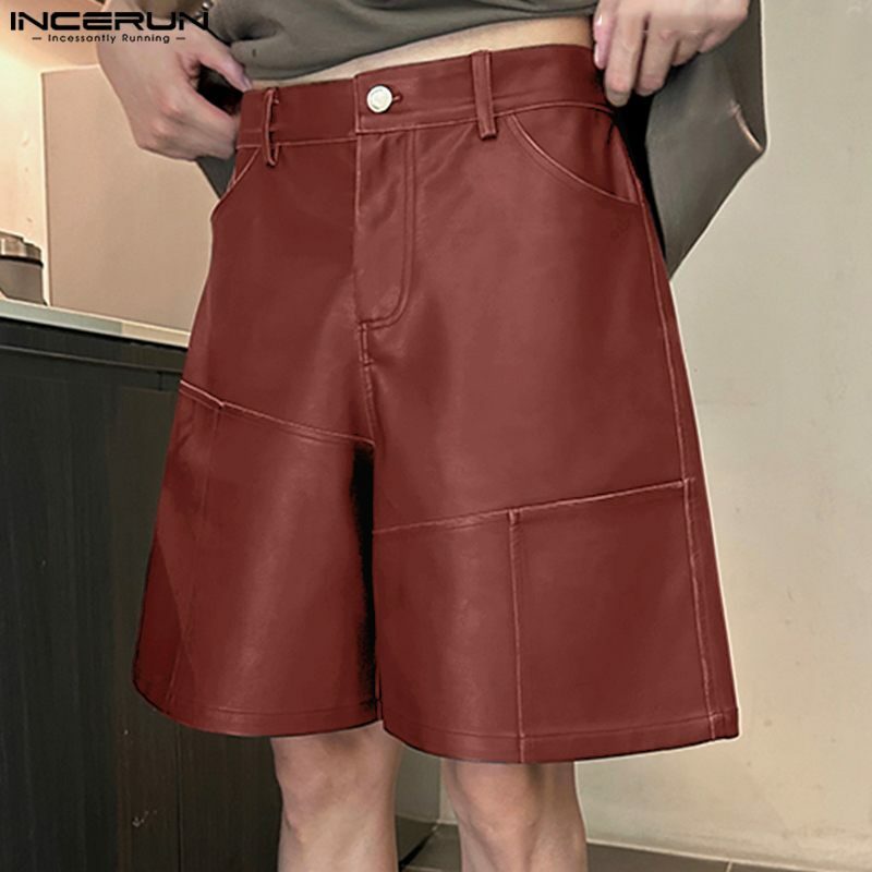 INCERUN 2024 шорты в Корейском стиле новые мужские повседневные Прямые шорты из искусственной кожи Повседневная Уличная одежда мужские однотонные шорты