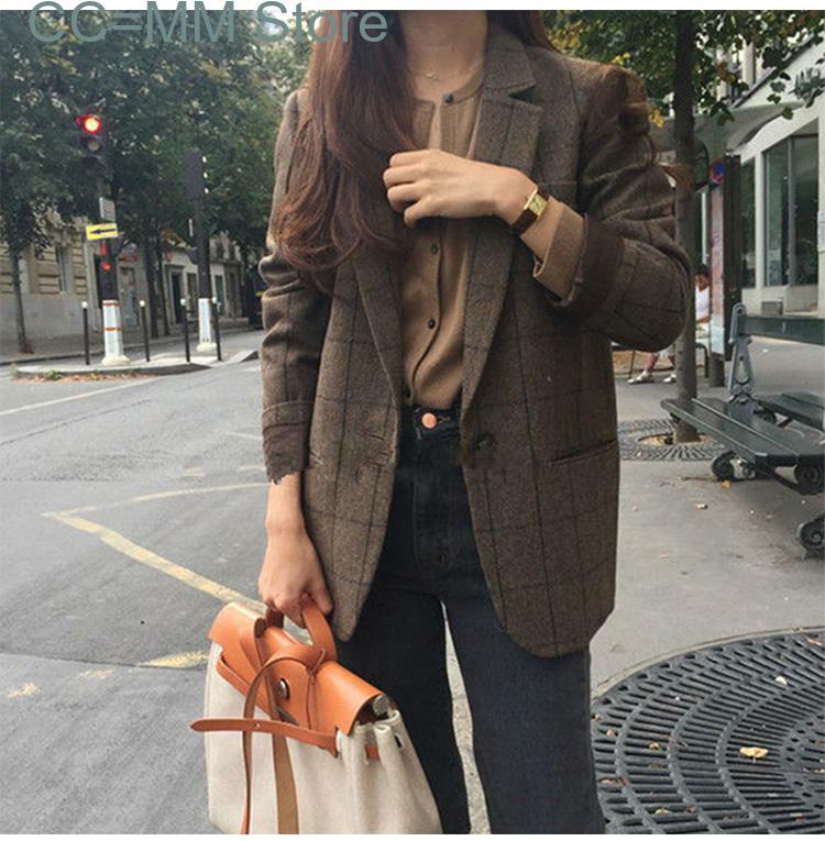 New Women Blazers and Jackets Fashion Plaid Blazer Korean Coat Women Winter Clothes Notched Single Breasted Outerwear