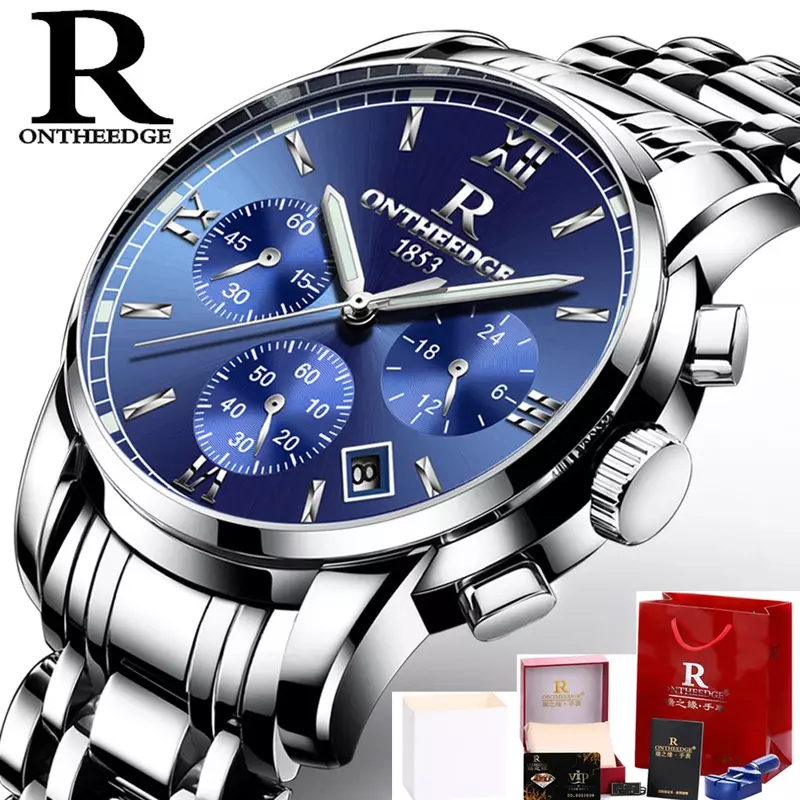 Мужские часы ONTHEEDGE, брендовые Роскошные деловые кварцевые часы с синим циферблатом, водонепроницаемые часы с хронографом