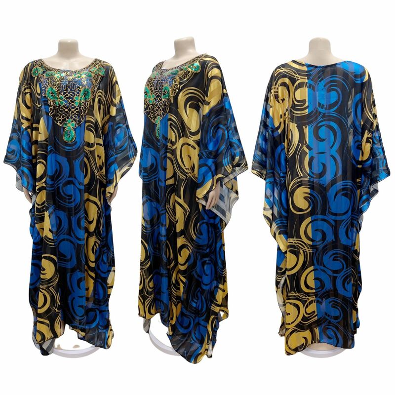 2023 New Middle East Muslim Beaded Sequin Printed Long Robe African Women's Dress Women 003#