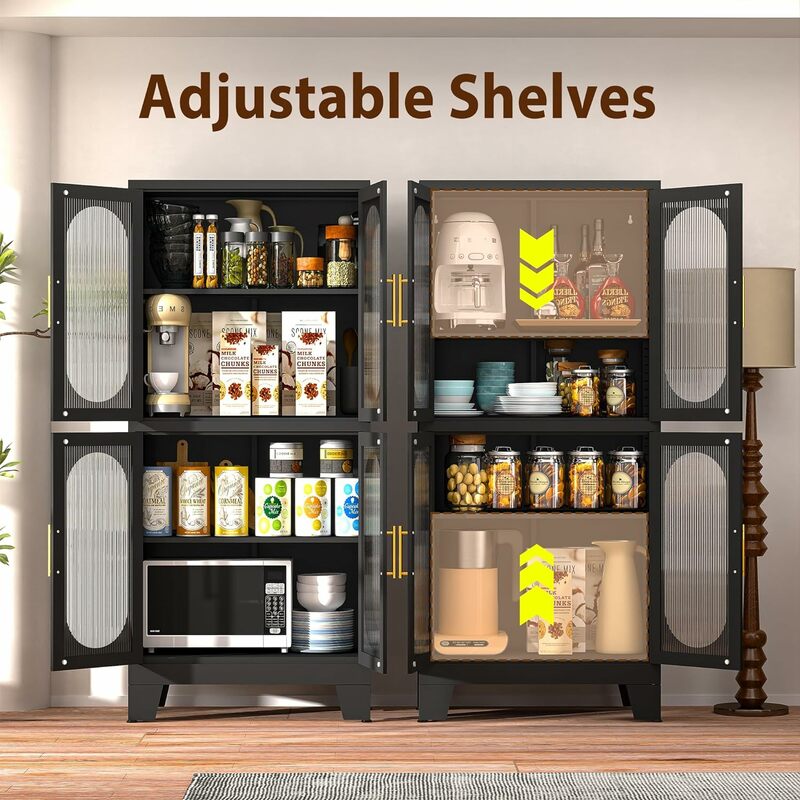 61" Metal Pantry Cabinet,Storage Cabinets with Acrylic Glass Doors and Adjustable Shelves,for Bathroom, Laundry Living,Office