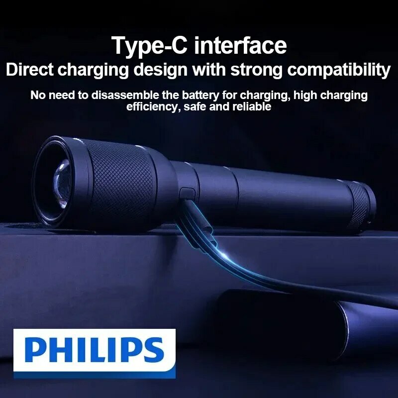 Philips 6168 senter optik, senter portabel tipe-c dengan 4 mode pencahayaan untuk pertahanan diri, lampu berkemah