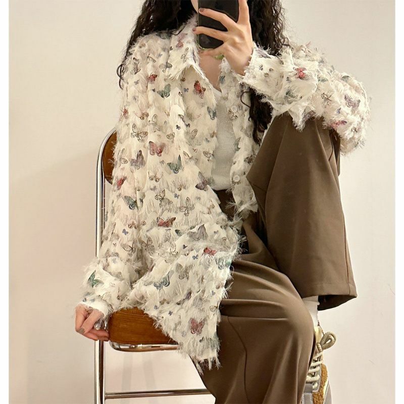 Camisa de manga larga con estampado de mariposa para mujer, camisa con diseño de borlas a la moda, primavera 2024