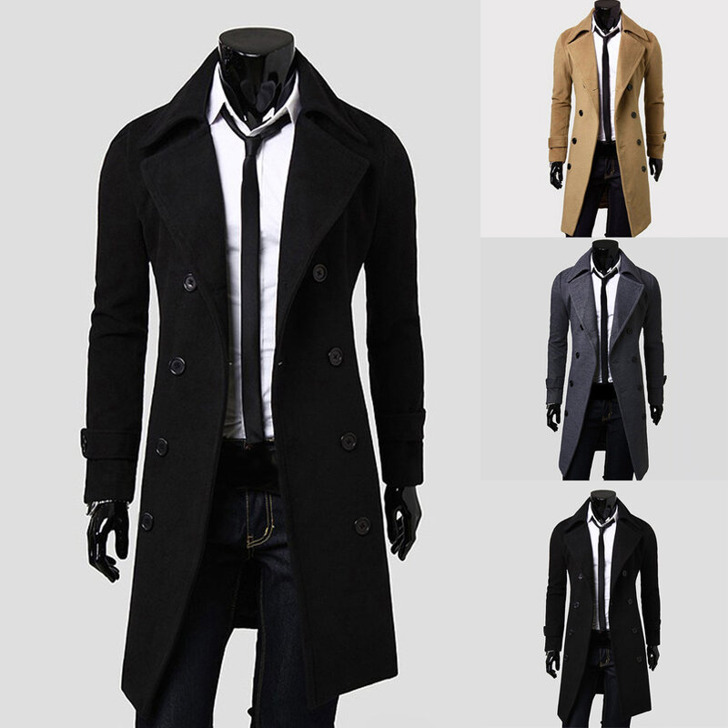 Jaqueta de botão slim fit trespassado masculina, casacos de lapela, sobretudo, corta-vento, trincheira casual, quente, outono, inverno