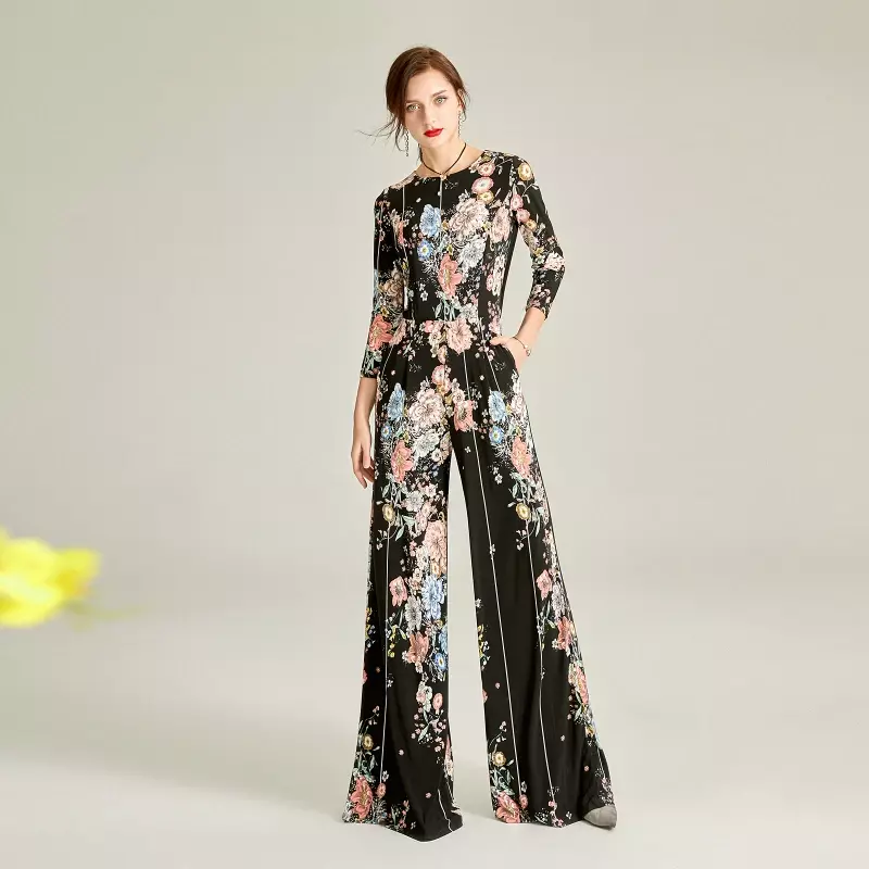 Summer Fahion Women High Waisted Wide Leg Floral Pattern Jumpsuits , Woman Clothing European Style Pants