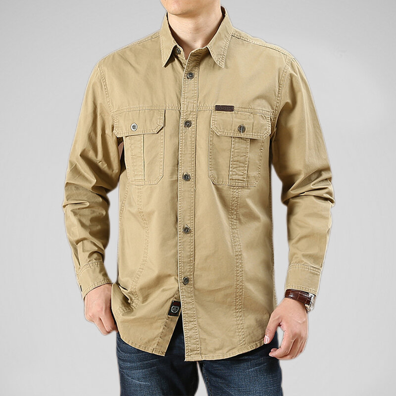 Camisa 100% de algodón para hombre, camisa de carga de alta calidad con múltiples bolsillos, Color sólido, informal, de manga larga, a la moda, para exteriores, novedad