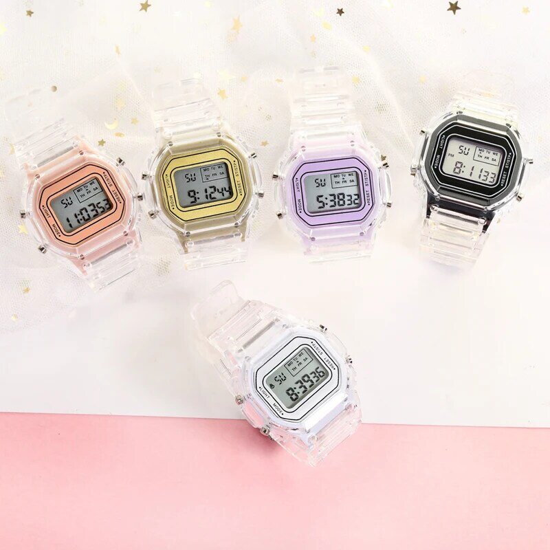 Relojes electrónicos para hombres y mujeres, correa de silicona de oro rosa, vestido transparente, reloj de pulsera Digital LED, reloj deportivo femenino
