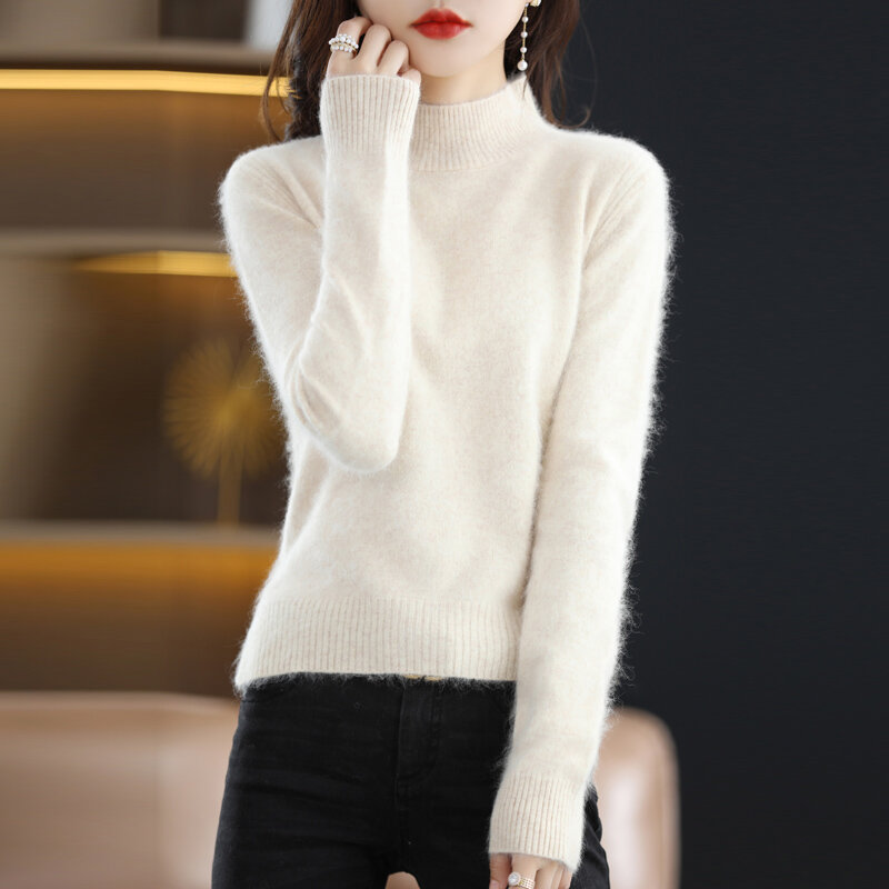 Sweter Kasmir Bulu Cerpelai Wanita 100% Setengah Turtleneck Pulover Korea Rajutan Ukuran Besar 022 Atasan Musim Dingin Baru Mode Tinggi Lengan Panjang