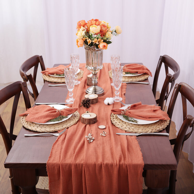 Corredores de mesa de gasa Rust rústica, mesa de comedor de algodón de terracota, textura Retro de rebabas, decoración Vintage para el hogar, Navidad y boda