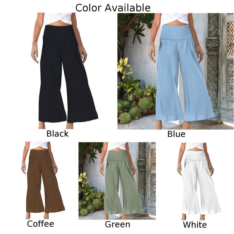กางเกงแฟชั่นสำหรับผู้หญิงใส่ในบ้านใส่ได้ทุกวันกางเกงผ้าฝ้ายเอวสูงผ้าลินินทรงหลวมสีทึบขากว้างยาว