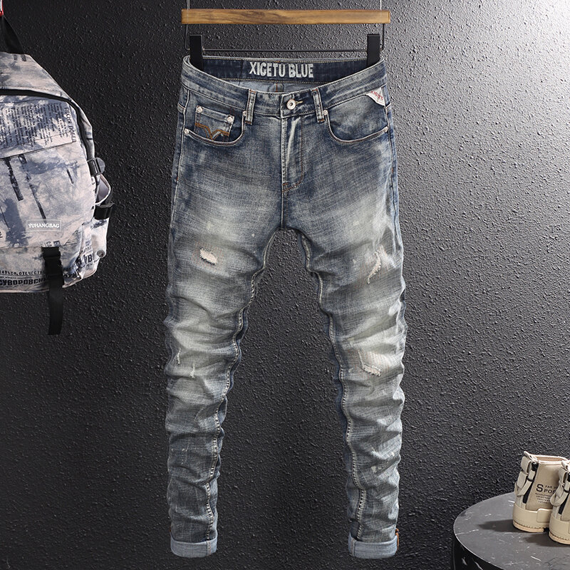 Mode Designer Mannen Jeans Hoge Kwaliteit Retro Gewassen Elastische Stretch Slim Fit Gescheurde Jeans Heren Borduurwerk Vintage Denim Broek