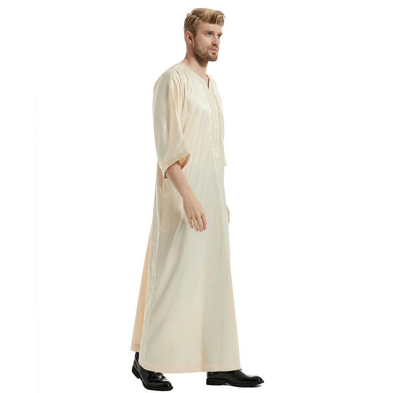 Moslim Mannen Kaftan Robe Satin Borduren Jubba Thobe Arabische Saudi Thoub Eid Ramadan Turkse Islamitische Abaya Jurk Traditionele Kleding