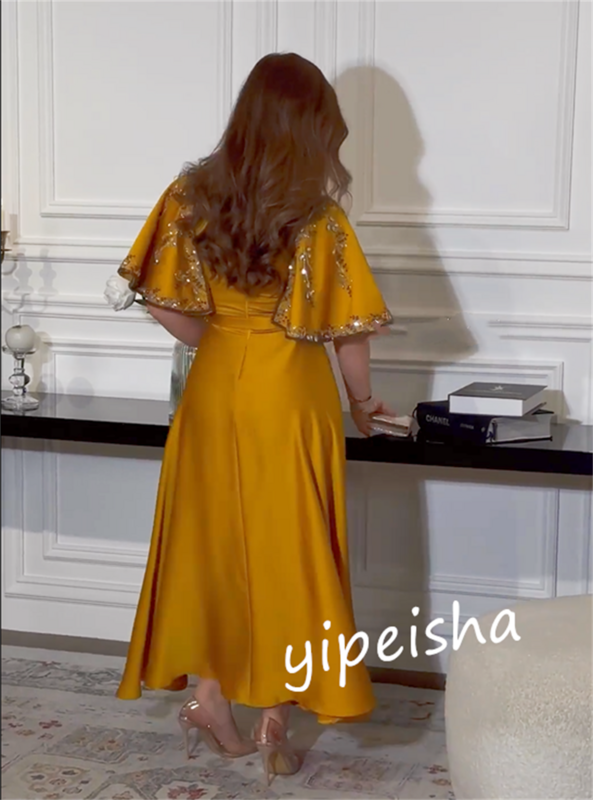 Бальное платье для выпускного вечера атласное с бисером формальное платье А-силуэта с V-образным вырезом на заказ наряд средней длины для вечеринки es Саудовская Аравия