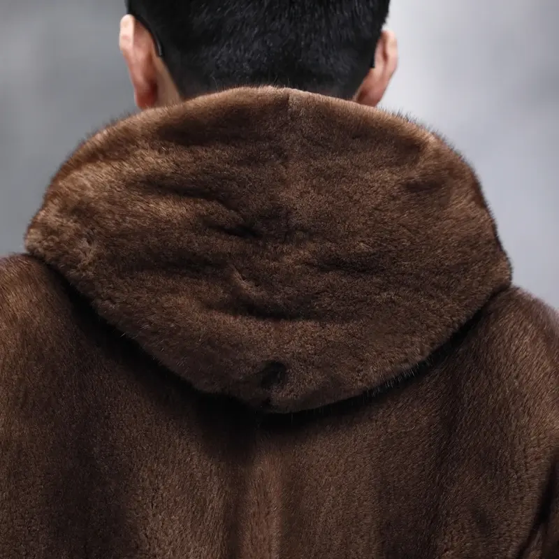 男性用の本物の茶色の毛皮のジャケット,短いフード付きコート,男性用の服,ウェット,冬用