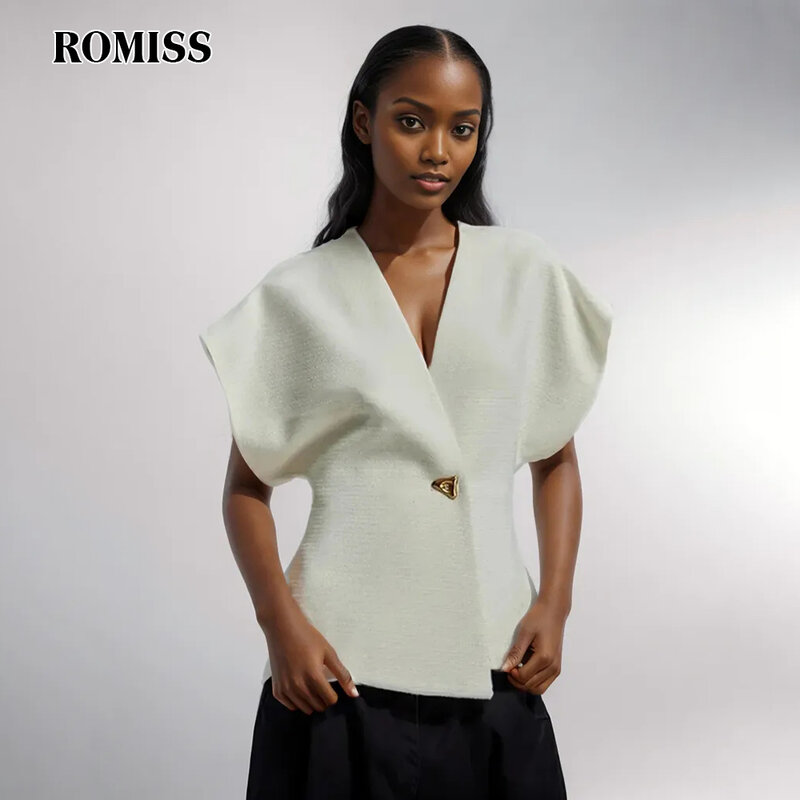 ROMISS-abrigos lisos de gran tamaño para mujer, cuello en V, manga corta, Patchwork, botón dorado, jersey de verano, chaleco de moda, nuevo