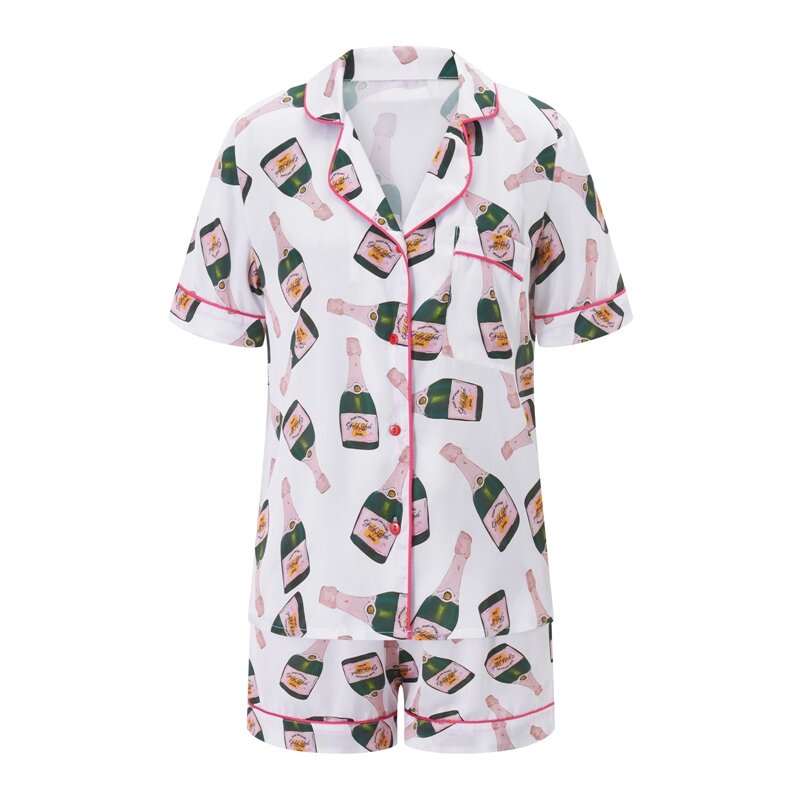 Conjunto de pijama de 2 piezas con estampado de botella de bebida para mujer, Camiseta cómoda de manga corta con botones y pantalones cortos de cintura elástica