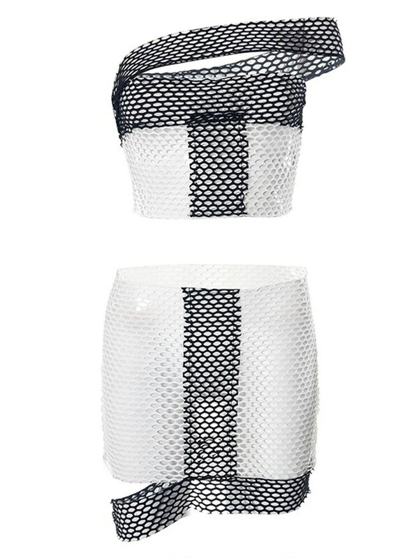 Kontrast farbe neues Stil Fischernetz sehen durch heiße sexy asymmetrische Ausschnitt Crop Top kurze Röcke trend ige Nachtclub 2 Stück Set