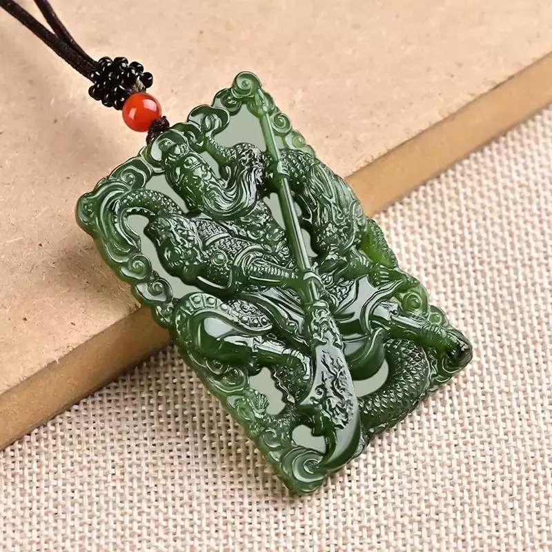 Wu God Of Wealth Lord Guan Gong Pendant Men's Spinach Green Square Brand Jade Glaze Good Lucky Guardian Amulet Bless Peace