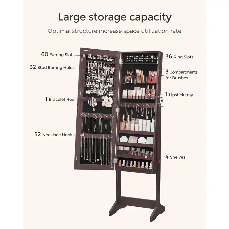 Jewelry Cabinet Armoire, Freestanding Lockable Storage Organizer Unit 2 Plastic Cosmetic Storage, Full-Length Frameless Mirror