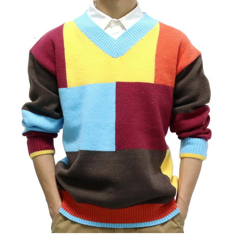 Patchwork V Neck Sweaters for Men Knit Tops Autumn Winter Casual Knitted Pullovers Men's Clothing Long Sleeve Hip Hop Streetwear