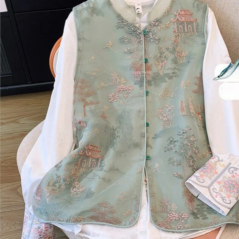 Tuta da donna con ricamo in Organza per industria pesante, nuovo stile cinese, gilet, camicia, fasciatura, vestito a due pezzi