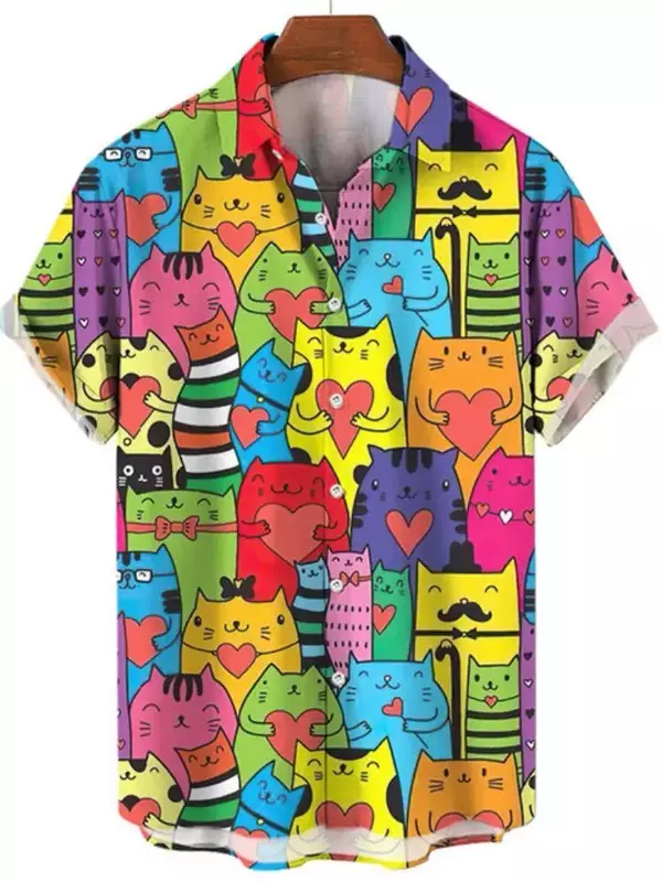 Hawajska oversize koszula męska kot kreskówkowy wzór z ptakami kwiatowy nadruk socjalnych mężczyzn Graffiti odzież Vintage nowy Harajuku lato