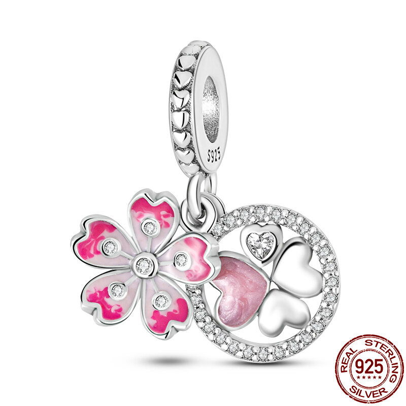 100% серебряные Розовые цветы персика, цветы сакуры, яркие бусины для любви, подходят для оригинальных браслетов Pandora с подвесками, ювелирные изделия