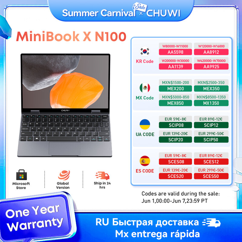 CHUWI-MiniBook X 2 en 1, tableta con pantalla táctil de 10,51 pulgadas, LPDDR5 12GB, SSD de 512G, Teclado retroiluminado Intel N100, Windows 11, WiFi 6