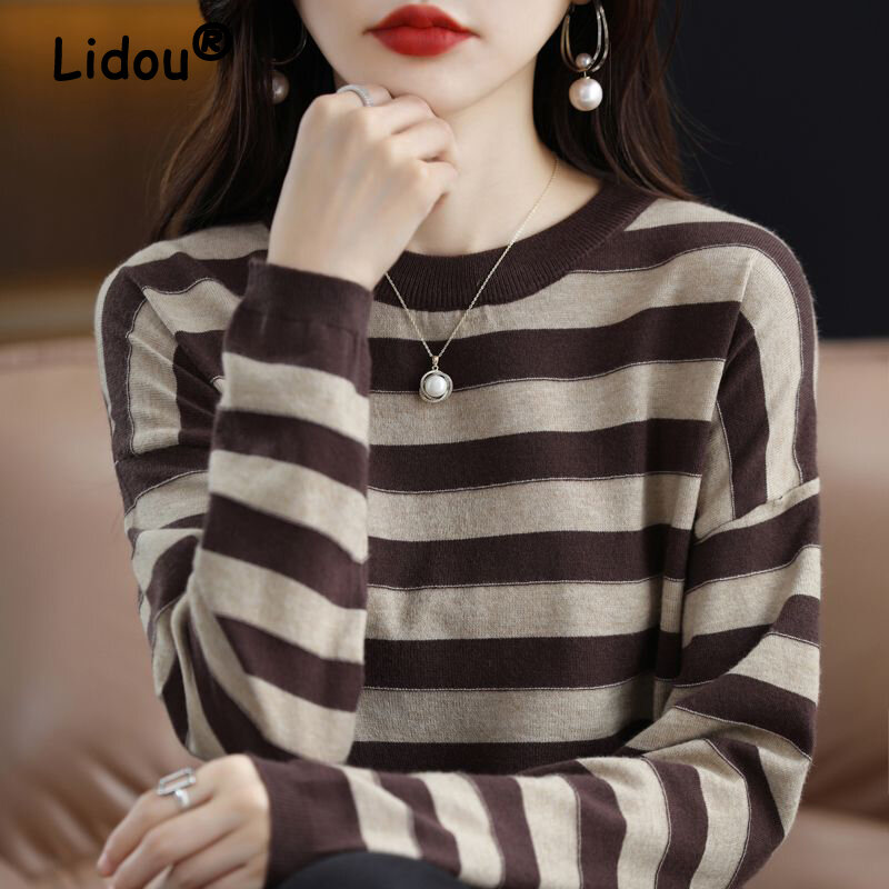 2022 Autumn Winter Korean Simple Striped Soft Basic Knitwear Jumpers Women Casual Round Neck Long Sleeve Pullover Tops Clothing